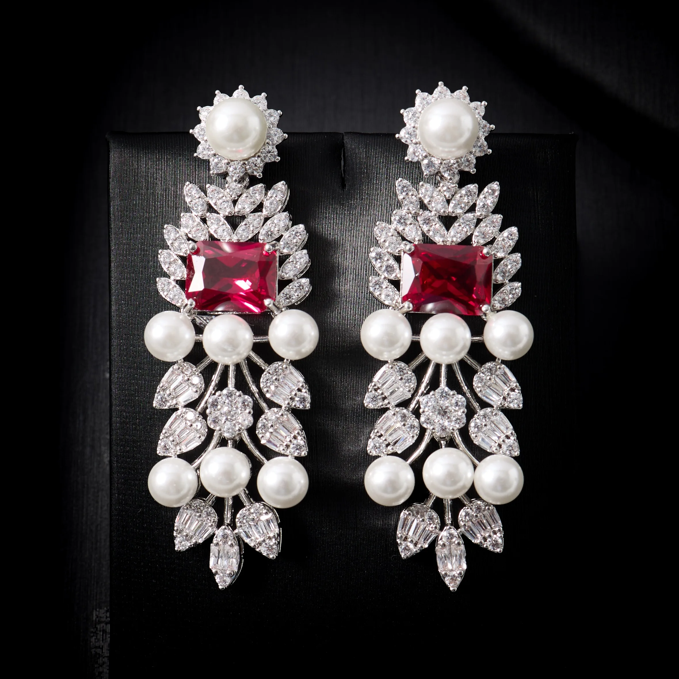 00125 4Pcs Bridal Jewelry Set Simulated Pearl Cubic Zirconia Necklace Drop Earrings Ring Bracelet Silver Plated Wedding Party Fo