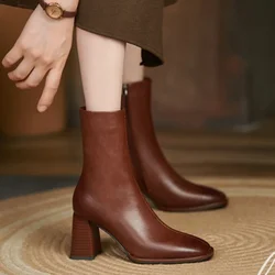 2024 Autumn and Winter New Fashion Square Head Retro High Thick Heel Side Zipper Skinny Short Boots Women's All-match Nude Boots