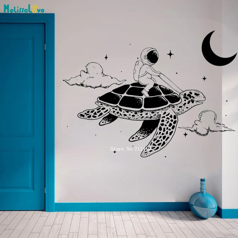 Dream Scene Astronaut Flying In Turtle Wall Stickers Kids Room Decor Stars Space Girl Boy Gifts Vinyl Art Planet Decals YT6668