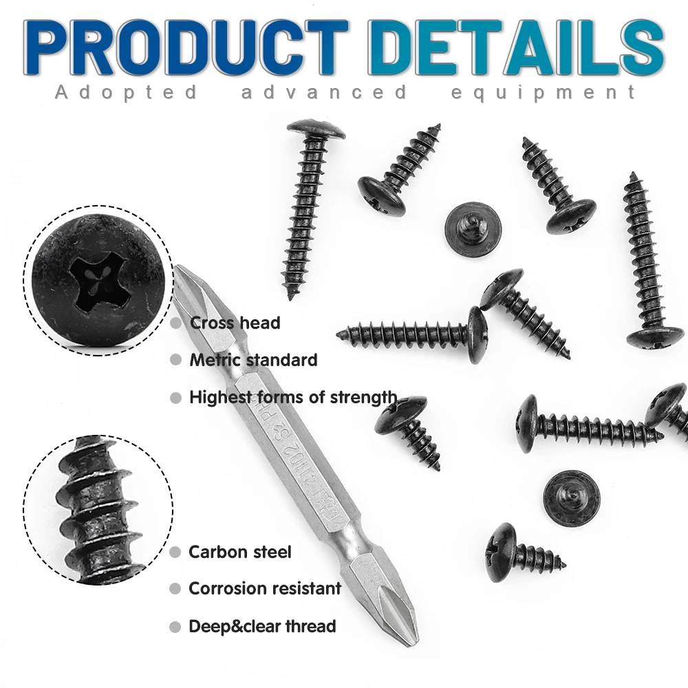 NINDEJIN 401pcs Cross Truss Head Self Tapping Screw Set Black Plated Mushroom Head Phillips Screw Assortment Kit Woodworking