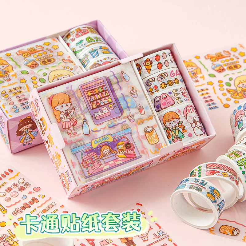 8 PCS Box Cute Korean Sticker Aesthetic Cartoon Masking Tape Set DIY Album Planner Journal Scrapbooking Decoration Kids Gift