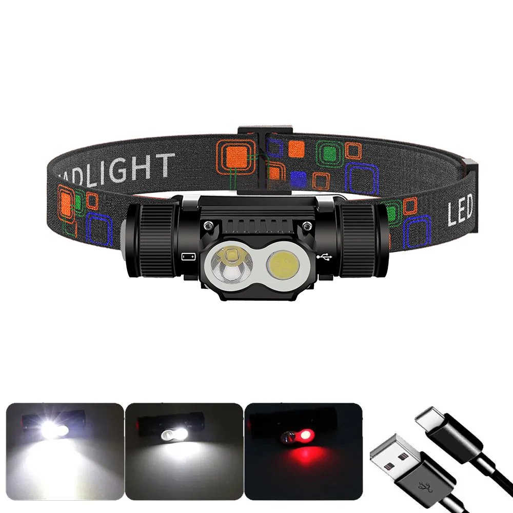 Type-C White Red LED headlamp Fishing 18650 headlight Torch Hunting head lamp Camping Headlamp Memory Function Flash light head