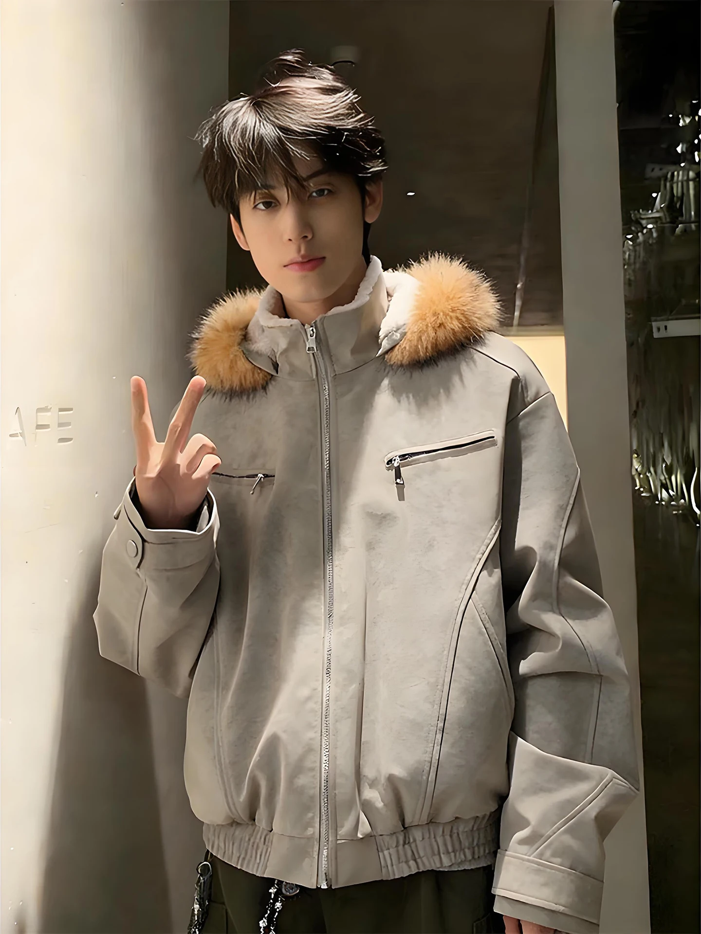 

Men's Thiened PU Leather Jaet with Hood And Fur Collar Winter Warm ort Cotton Coat American High Street Sle Zipper Cl...