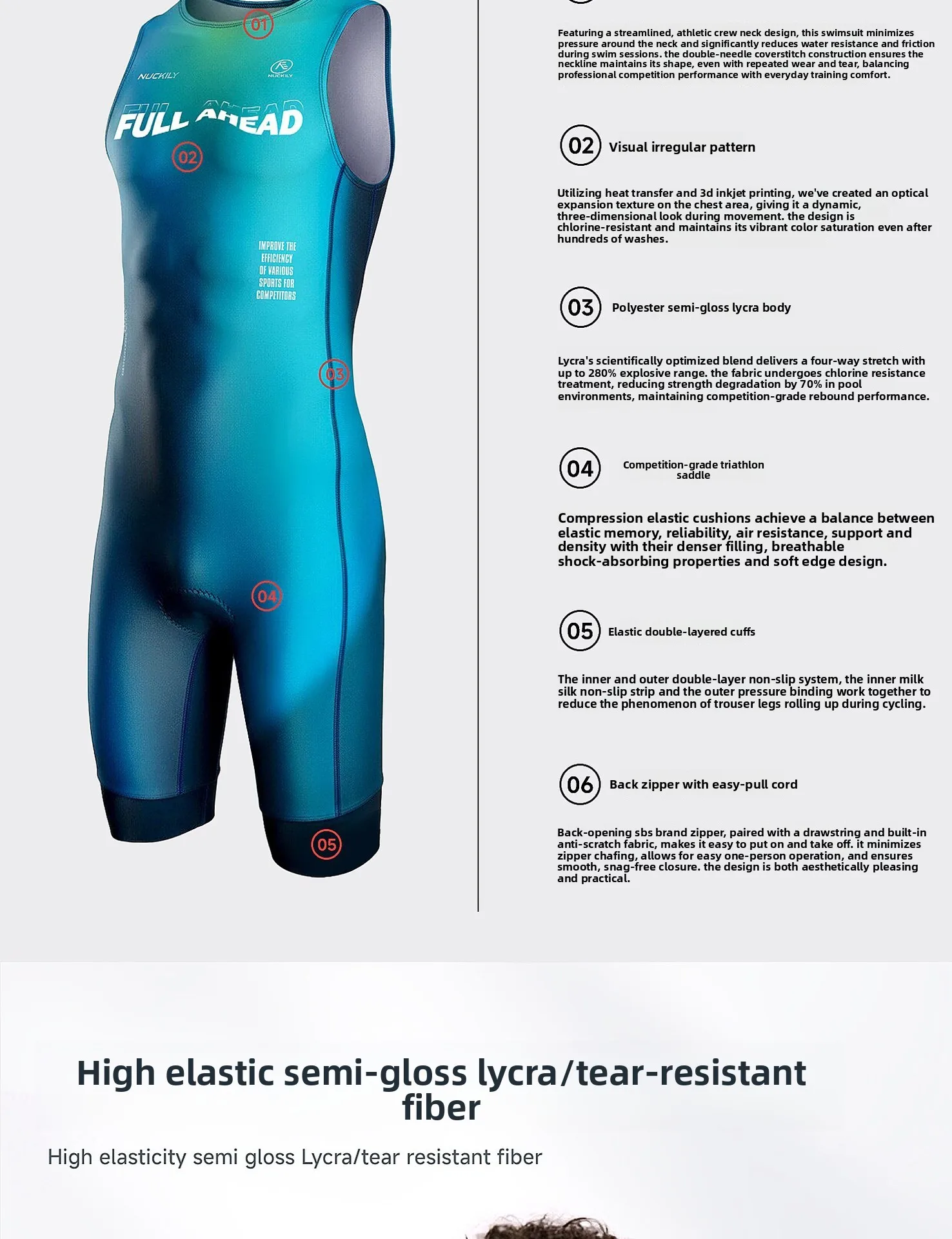 NUCKILY Triathlon-Anzug Ärmellos Jugend Ironman Schwimmen Radfahren Laufen Einteiliger Schnelltrocknender Atmungsaktiver Gepolsterter Reißverschluss am Rücken Rennausrüstung – Detail 5