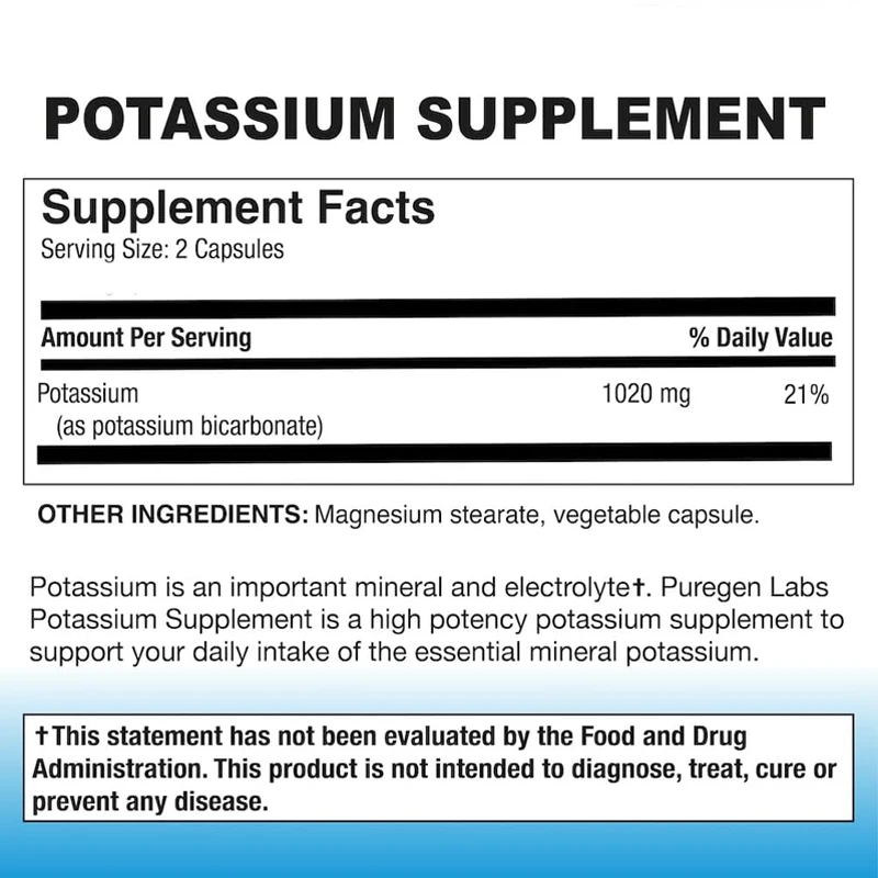 Potassium bicarbonate supplement 1020 milligrams non genetically modified gluten free American made 60 vegetarian capsules