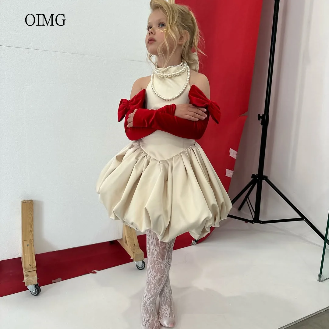 

OIMG Cute Halter Ball Flower Girl Dresses Bow Sleeves Wedding Party Dress Knee Length Birthday Dress Customized