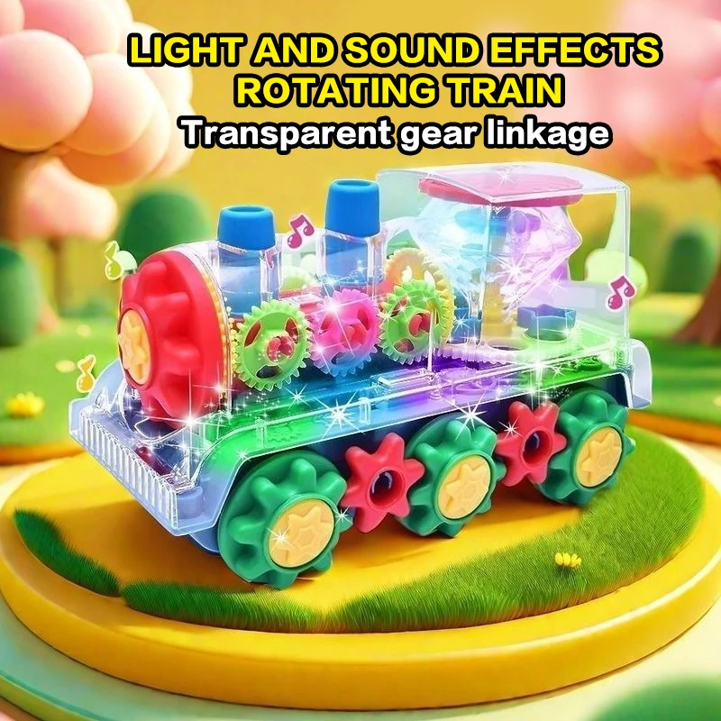 電動歩行小型電車のおもちゃ、透明なギア回転、カラフルな音と光、赤ちゃんへの理想的な贈り物