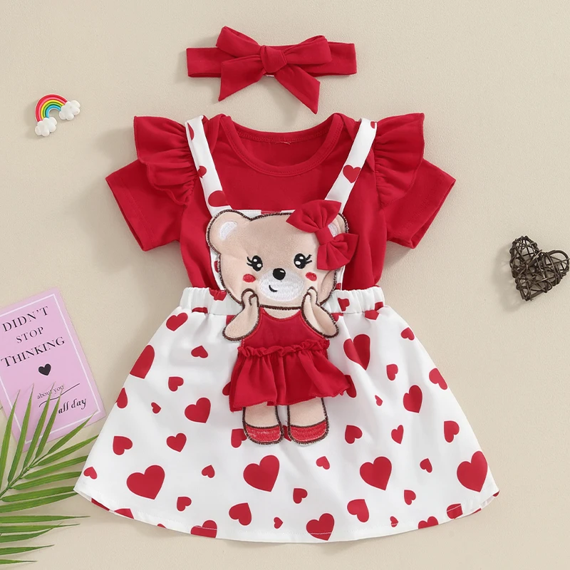 Infant Baby Girl Valentines Day Outfit Short Sleeve Romper Heart Bear Suspender Skirt Headband Summer Clothes Set