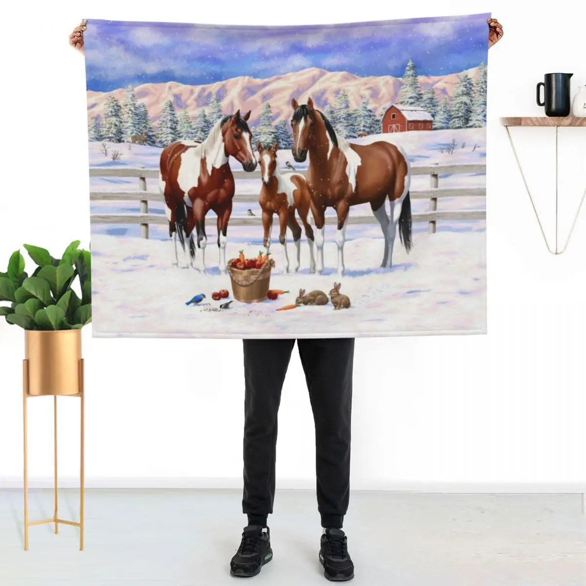 

Bay Pinto Paint Quarter Horses In Winter Snow Throw Blanket Modern Design Soft Blanket for Home Decor