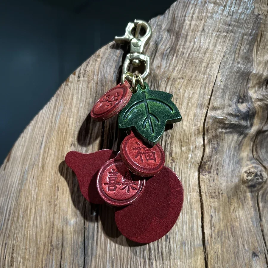Genuine Leather Lucky Gourd Keychain Bag Charm, Handmade Car Accessory Gift For Women Men