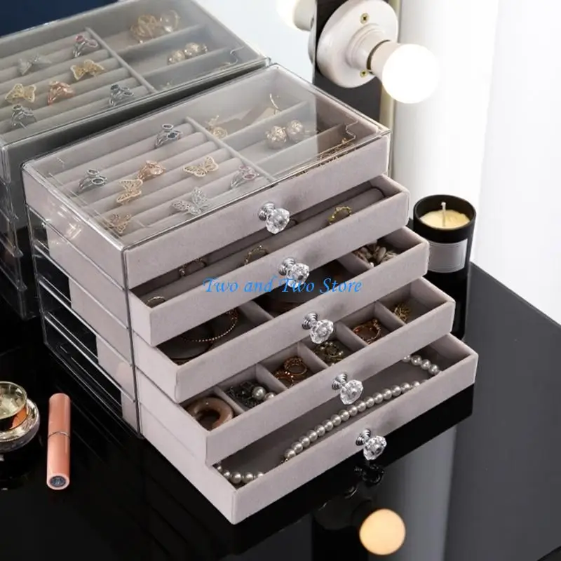

HX6F PET Jewelry Display Case 5 Layer Adjustable Storage Organiser Velvets Interior for Earring Necklace Bracelet Collections