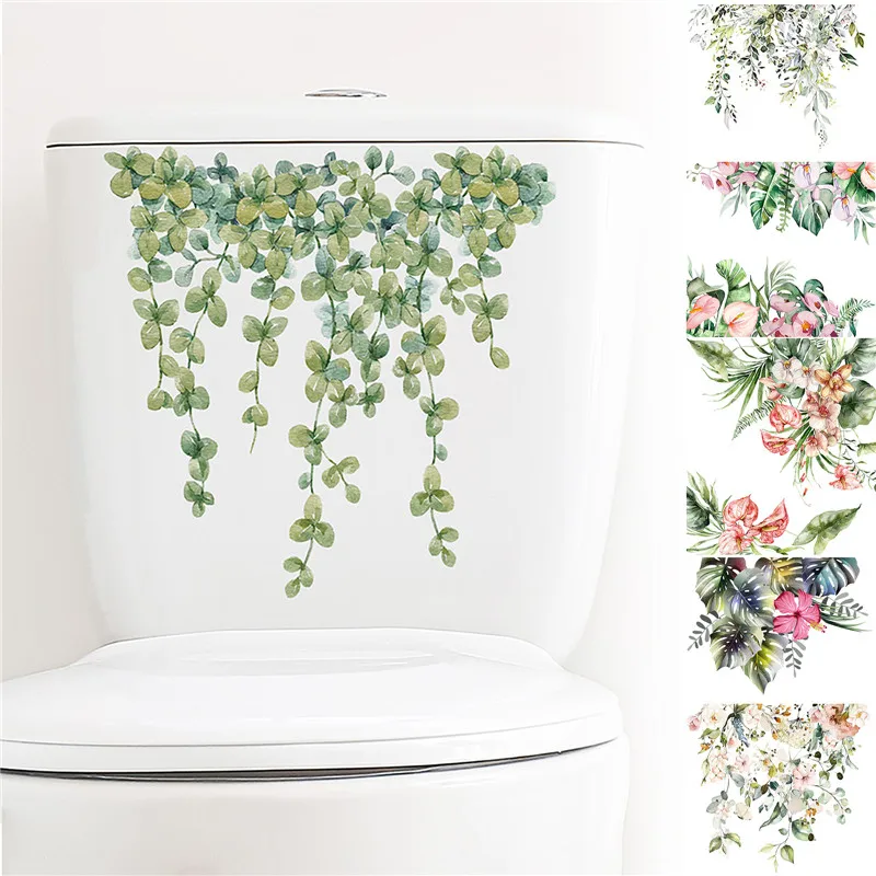 Green Plant Leaves Wall Sticker Bathroom Toilet Sticker WC Self Adhesive Mural Beautify Flower Home Decoration Decals