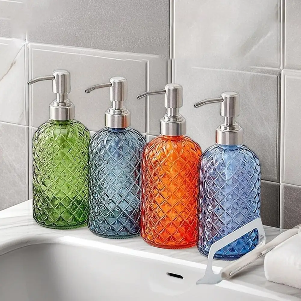 480ML Glass Soap Dispenser Rust Proof Stainless Steel Pump,  Gem Patterned Refillable Hand Soap Dispenser for Kitchen Bathroom