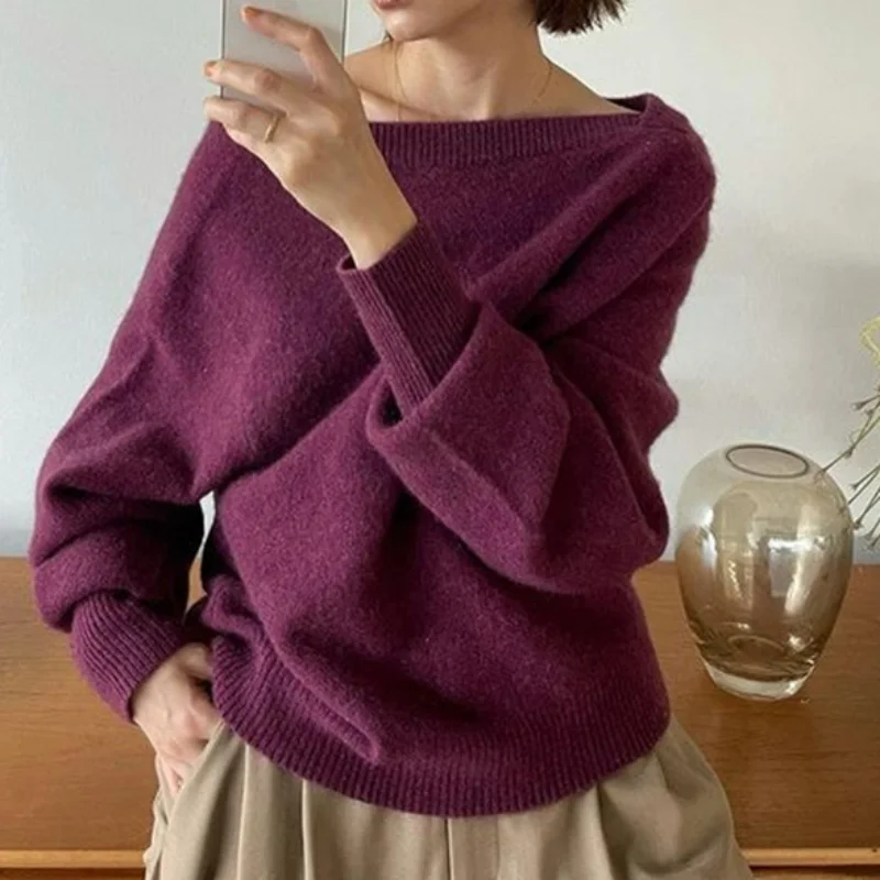 

Kuzuwata Skew Collar Off-shoulder Solid Color Long Sleeve Jumpers Japanese Jersey Mujer Sweaters Knitted Pullover Pull Femme