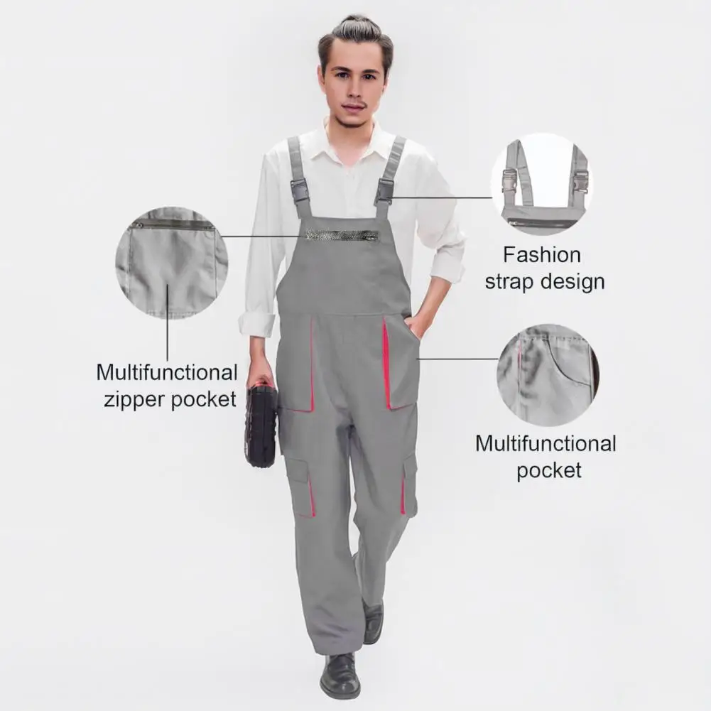 Work Bib Overalls Adjustable Shoulder Straps Pockets Jumpsuit Wide Leg Solid Color Coverall Multi-Pocket Protective Work Uniform