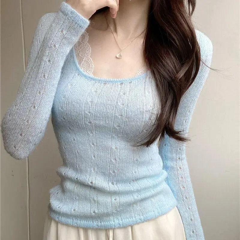 

Hollow Out Soft Women Knitted Sweater Slim Fit Thin Lightweight Pullover Casual Wear Spring Autumn Fashion Cute Tops
