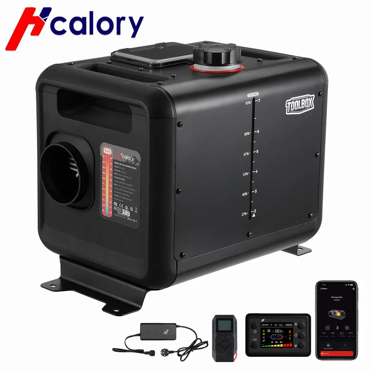 Caja de herramientas Hcalory Calentador de aire diésel máximo 8KW, 100-240V CA y 12/24V CC Calentador auxiliar diésel con tanque de combustible de 7,5 L y sensor de alarma de CO