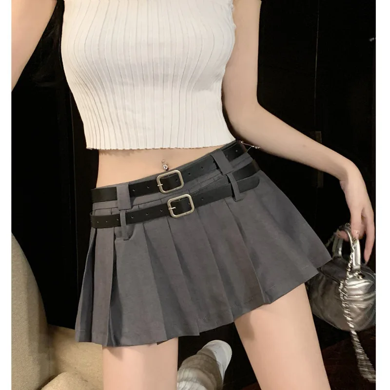 Low Waist Pleated Mini Skirts Women Hotsweet Design Double Belt Preppy Style Summer Streetwear Fashion Sexy Y2k Faldas Mujer