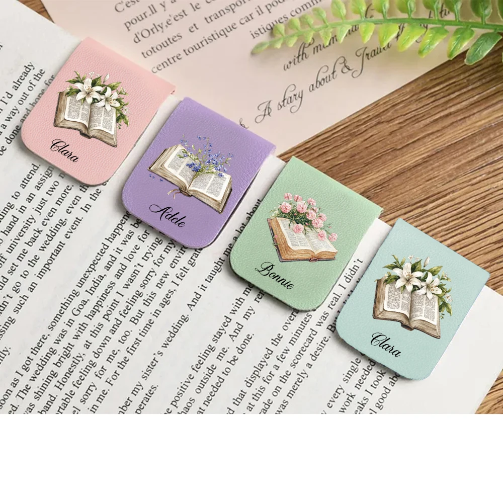 Marque-page avec nom et fleur de livre, marque-page de fleur de livre en cuir personnalisé, marque-page magnétique personnalisé, cadeau d'anniversaire pour amoureux des livres, 1 pièce