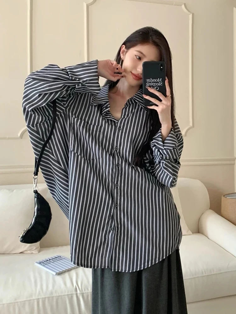 

Jmprs женская полосатая винтажная корейская рубашка повседневная свободная элегантная блузка с длинными рукавами ретро женские универсальные весенние топы в стиле Харадзюку