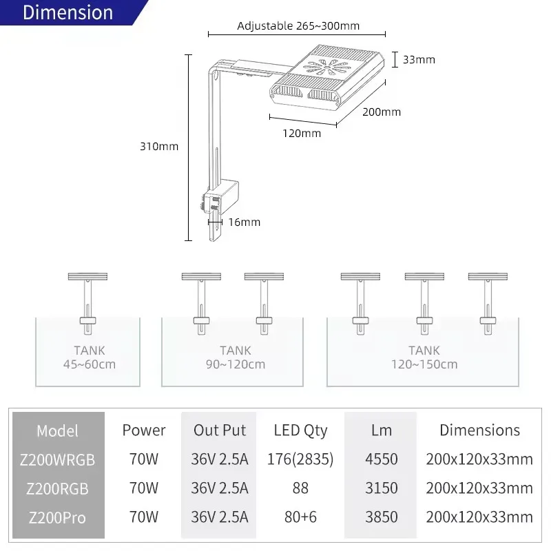 WEEKAQUA Z200 RGB/WRGB 70w Spettro Completo LED Luce per Acquario per Lampada per Acquario d'Acqua Dolce Piantata Z200 Pro