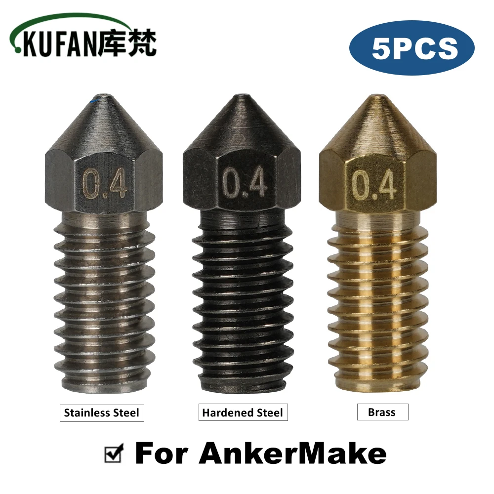 

KUFAN 5pcs Nozzle For Ankermake 3D Printer Hardened Stainless Steel Brass 0.4mm M6 Threaded Nozzles Durable Wear-Resistance