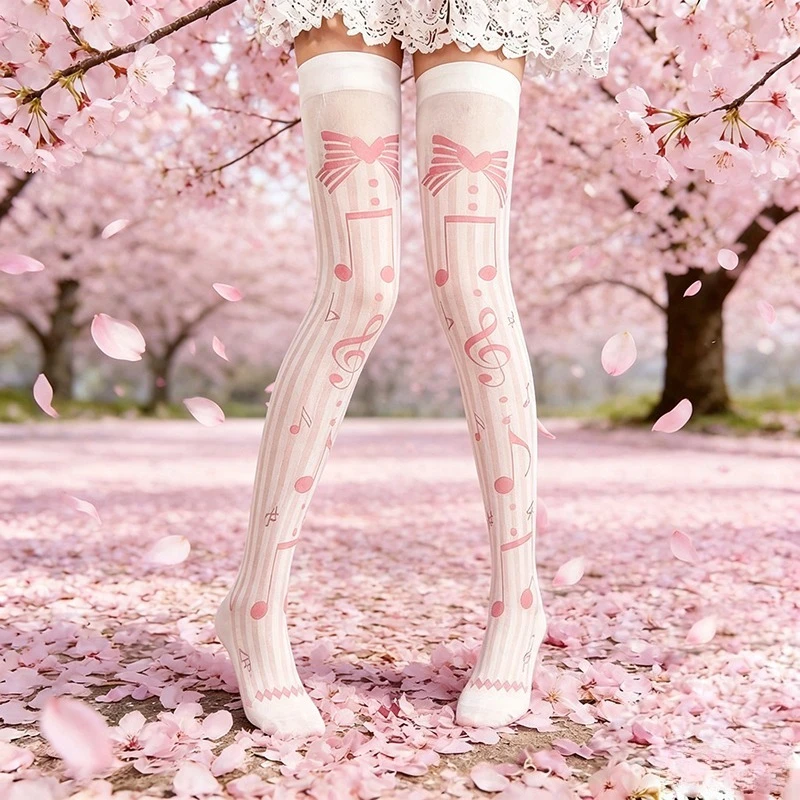 

Cute Pink Princess Lolita Over The Knee Stockings Love Bow Printed Stockings Girl Summer Thin Party Dating Socks Cosplay