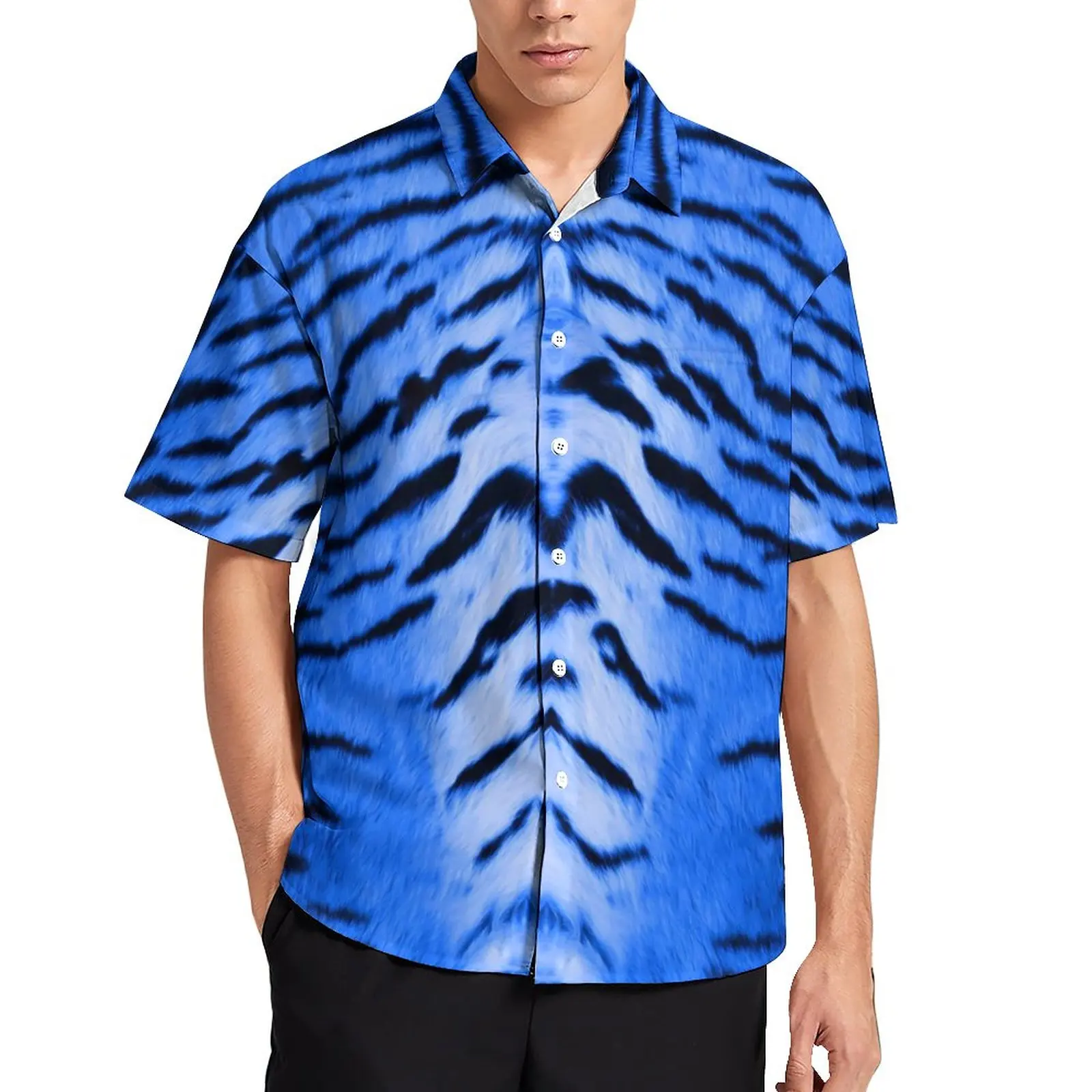 Tiger Skin Print Casual Shirt Blue Striped Vacation Loose Hawaiian Shirt Fashion Blouses Short-Sleeved Custom Oversize Clothes