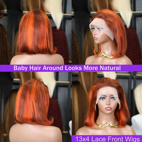 Imagen 2 del producto Peluca Bob con malla frontal recta 13x4, pelucas de cabello humano 100%, jengibre, naranja, sedoso, 200% de densidad, resaltado, Color naranja, P4-350 prearrancado