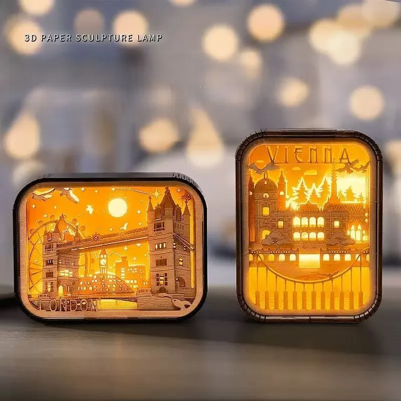 3D Stereoscopic Wooden Carved Lamp - International City Series, LED Night Light with Paris/London/New York Home Decoratioan