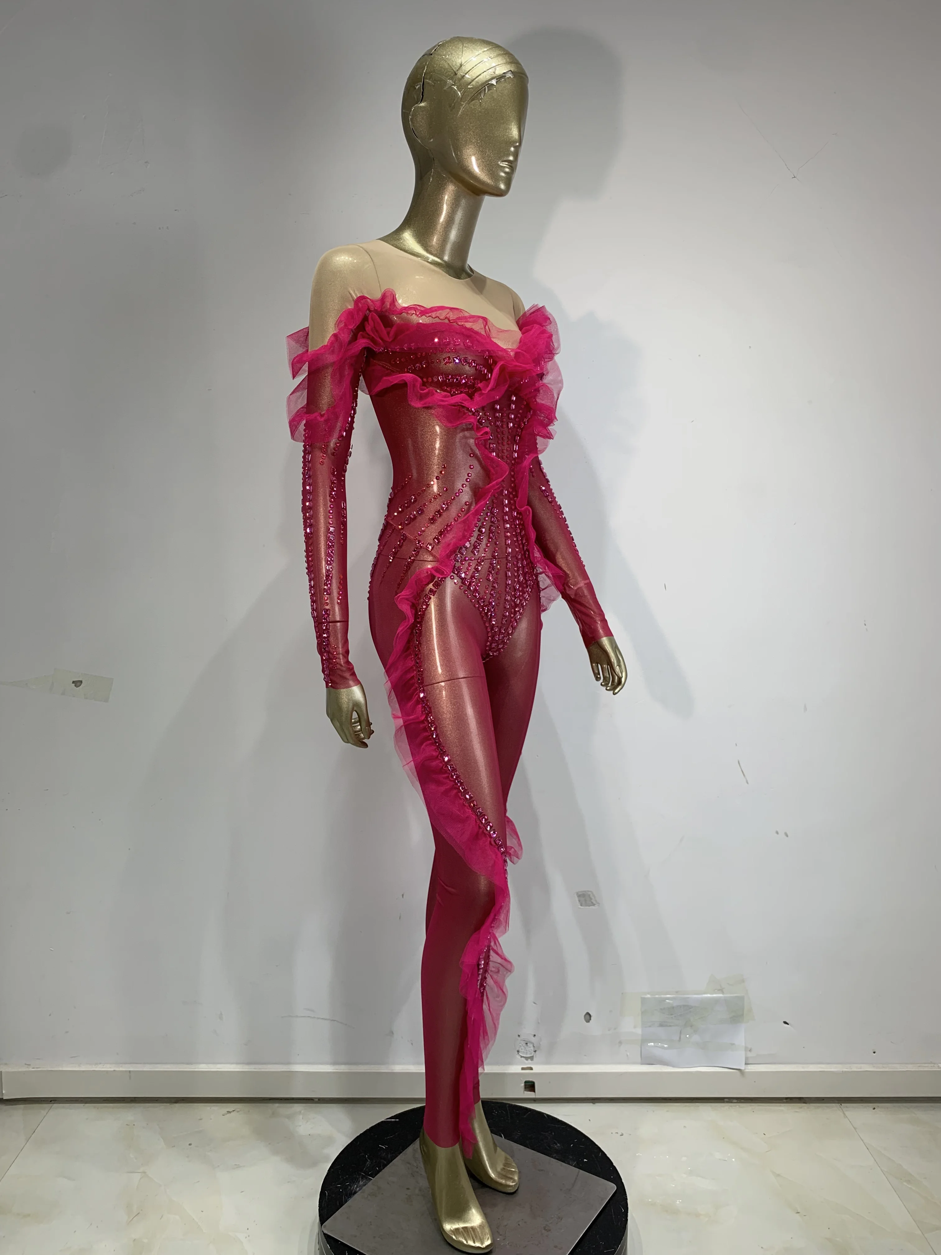 Women Sexy Sheer Transparent Sparkly Rhinestones Long Sleeve Jumpsuit Birthday Evening Party Nightclub Stage Performance Costume