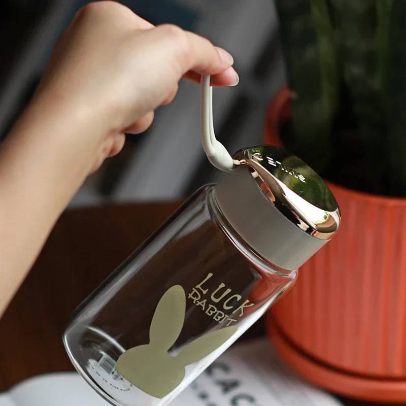 300ml Lucky Letter Glass Mini Simple Fresh Lovely Water Bottle with Cover Rope Small Capacity Portable Heat Resistant Coffee Cup