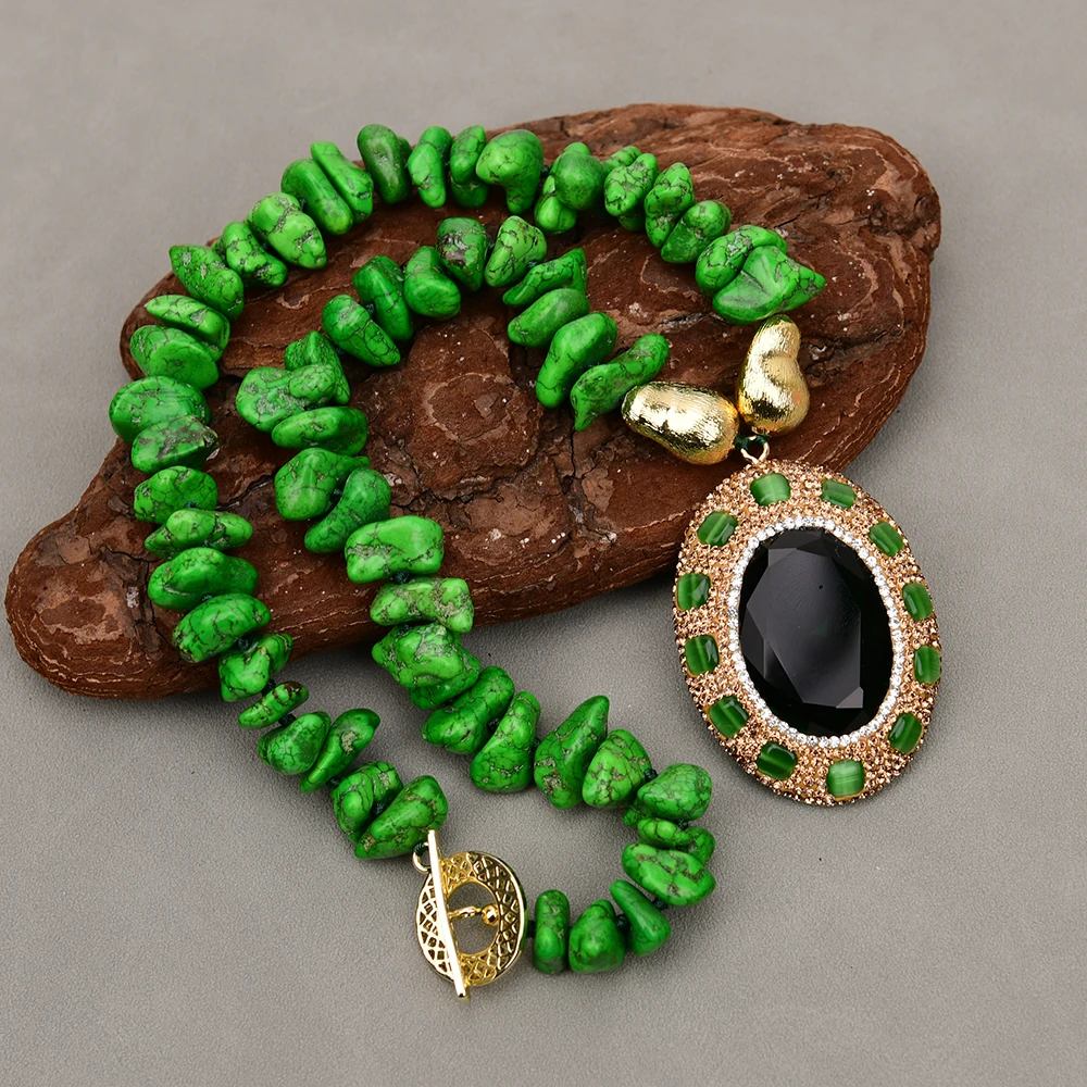 

G-G Green Turquoise Freeform Fancy Nugget Brushed Beaded Necklace Cat eye CZ Paved Green Crystal Pendant 19'' For Women
