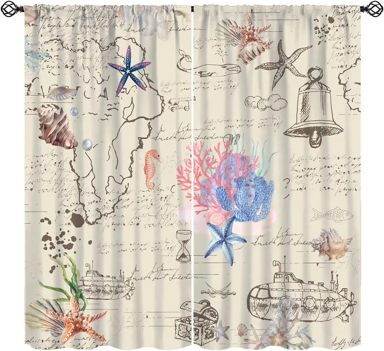Retro Marine Blackout Curtain Hand Drawn Starfish Coral Seahorse Nautical Map Rod Pocket Panels Soft Coastal Bedroom Window