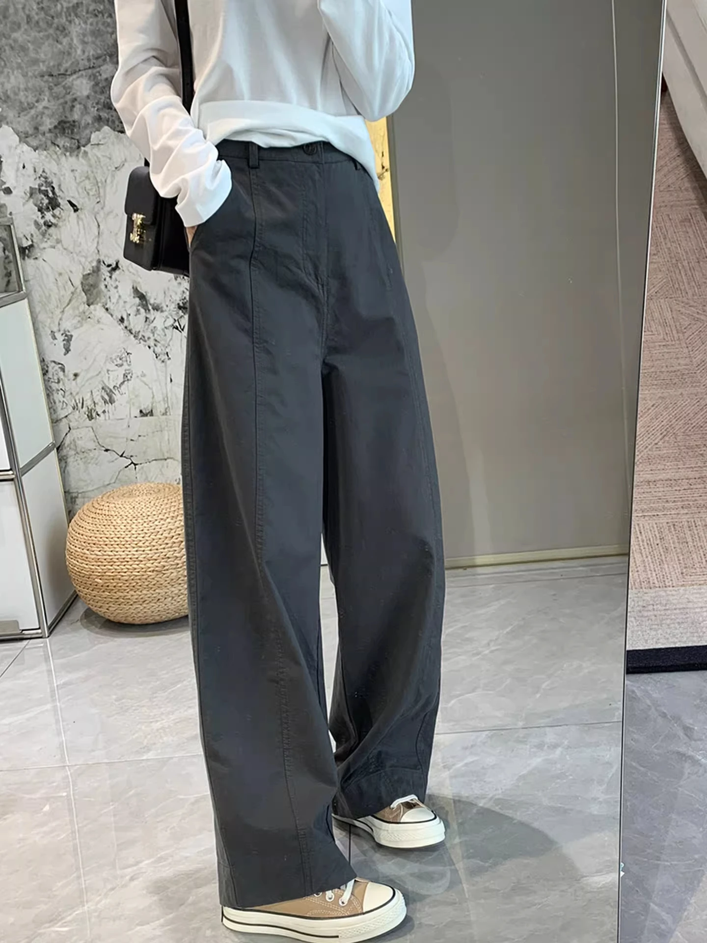 

Брюки с высокой талией и широкими штанинами больших размеров для женщин, повседневные брюки-кюлоты, осенняя новинка, свободные, стройнящие, рабочая одежда