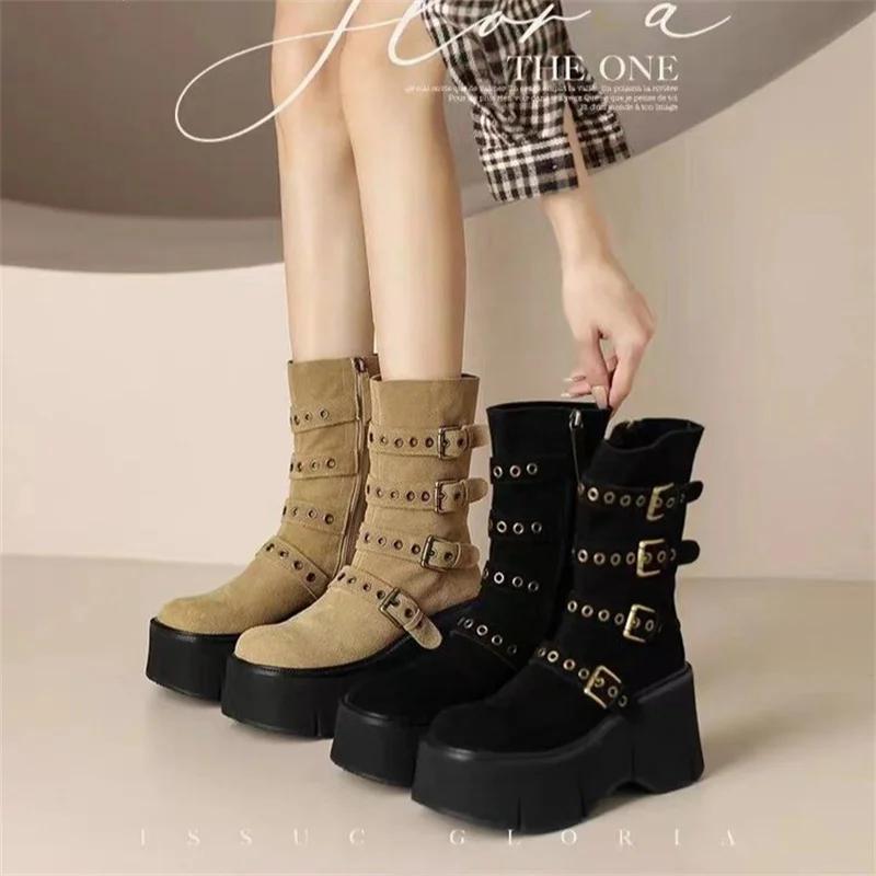 

Women Round Toe Gothic Punk Ankle Boots Shoes Belt Buckle Platform Chunky Heel Creepers Studded boots