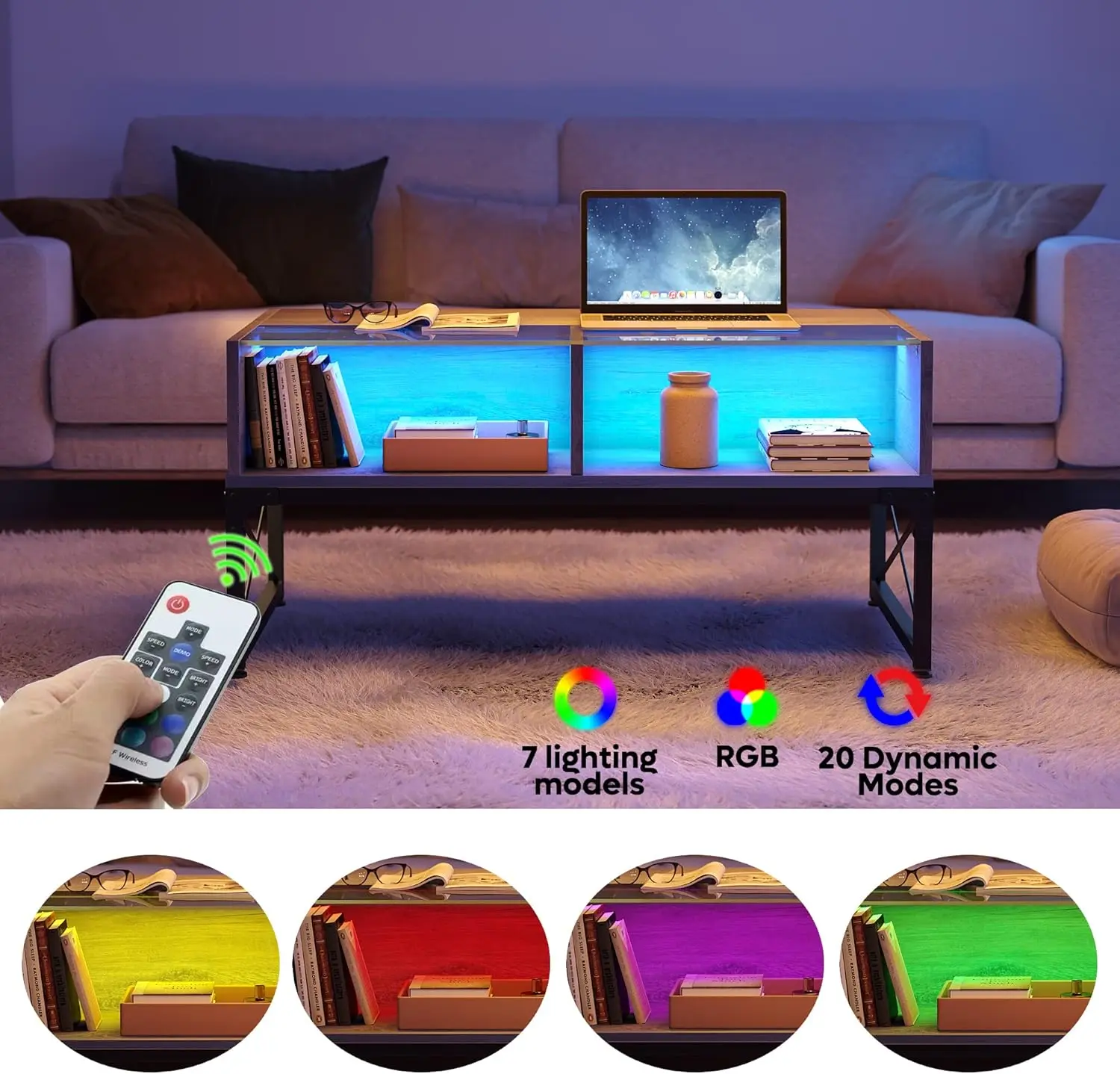 Bestier LED Coffee Tables for Living Room,Wood Center Table with Glass Top Game Night. 42 Inch Room Grey Wash