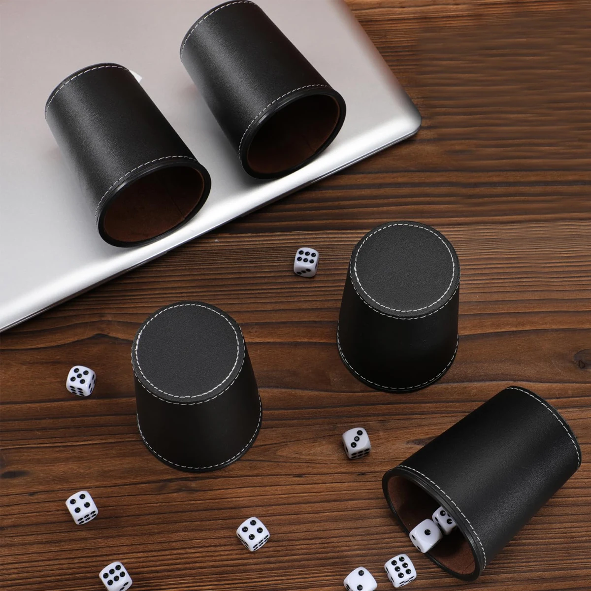 Leather Dice Cup Set 5 Black Leather Dice Cups with Exclusive Storage Transport Case for Bar Friends Gatherings Adult Parties