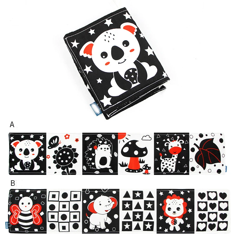 Opvouwbare babyboeken van zachte doek Zwart en wit Zintuiglijk speelgoed met hoog contrast voor pasgeboren baby's Vroeg educatief Montessori-speelgoed