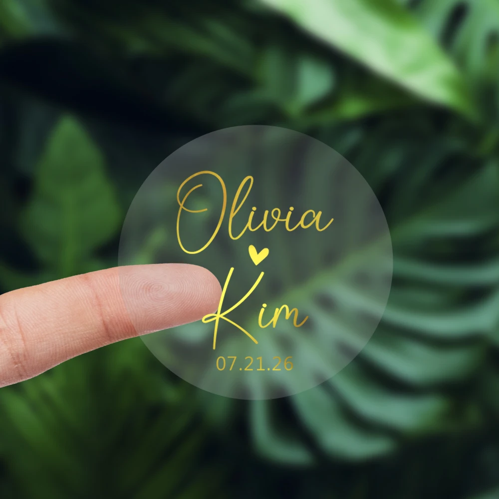 

50PCS Personalized Wedding Sticker Label with Name and Date, Custom Transparent Round Sticker with Gold Silver Foil Text