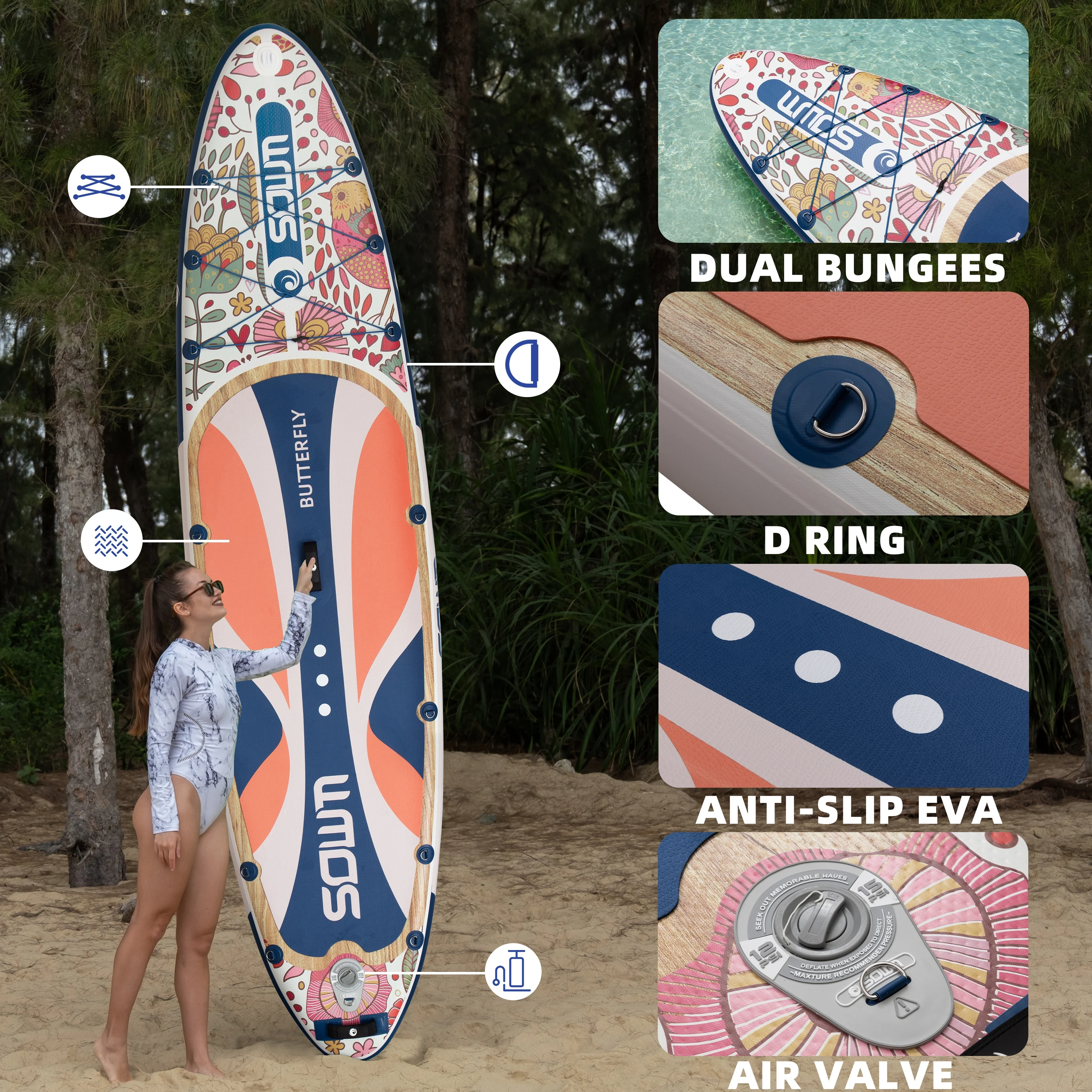 

Надувная доска для паддлбординга SOWN BUTTERFLY BLUE SUP, водонепроницаемая, 11'x34"x6", для взрослых, для стоячего использования, для рыбалки на воде, с аксессуарами SUB