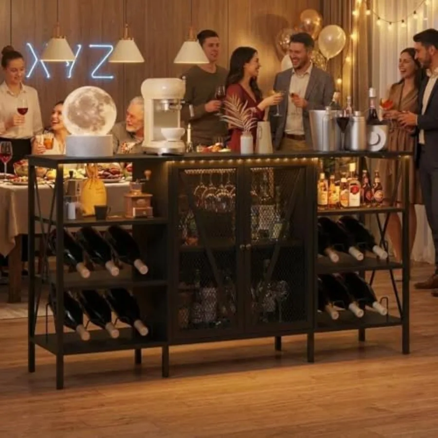 

Винный шкаф-бар на 55 бутылок с LED-подсветкой, держателем для бокалов, сетчатыми дверцами, регулируемыми полками, в индустриальном стиле, рустик, буфет-сервант для дома/офиса