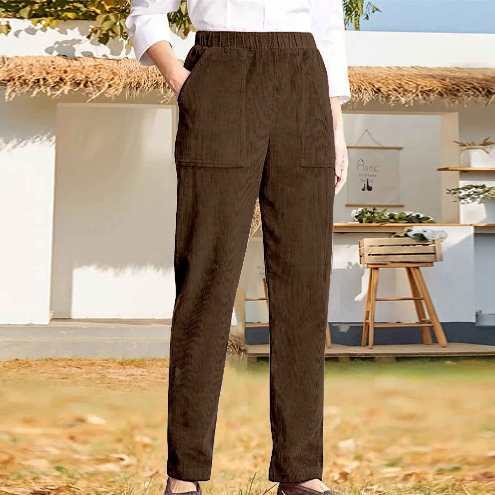 

Women's Corduroy Pants Casual High Waist Straight Leg Pants Solid Color Comfy Baggy Pants Trousers with Pockets