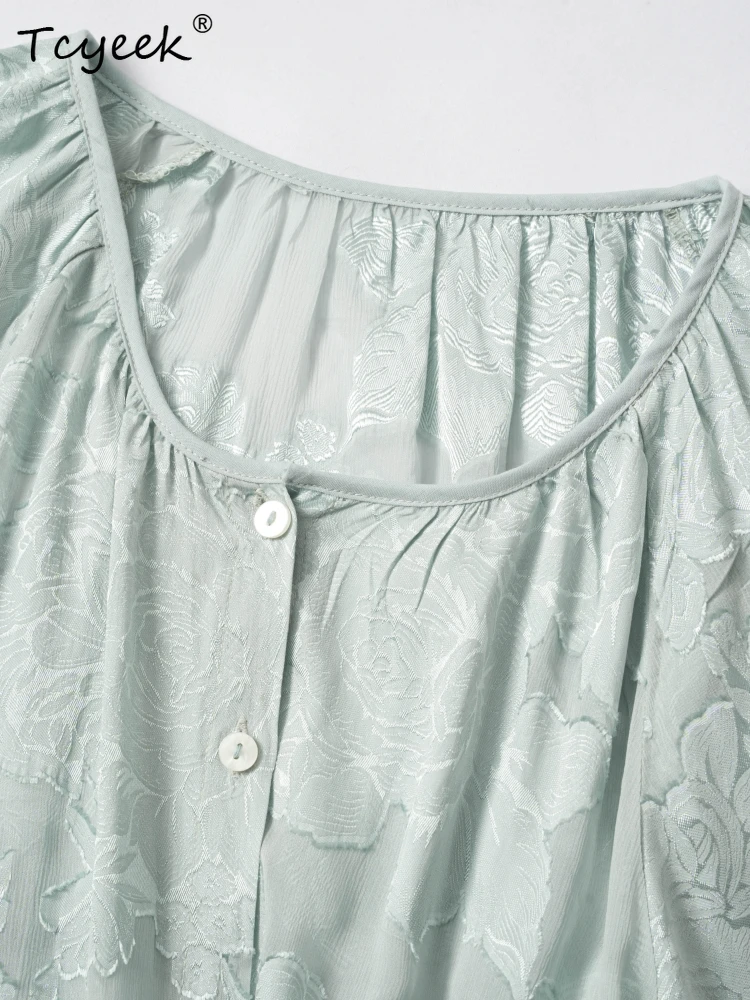 Tcyeek 100% マルベリーシルク春夏ラウンドネック 7 クォーターランタンスリーブストレートチューブソリッドカラーの女性のシャツ 여름옷