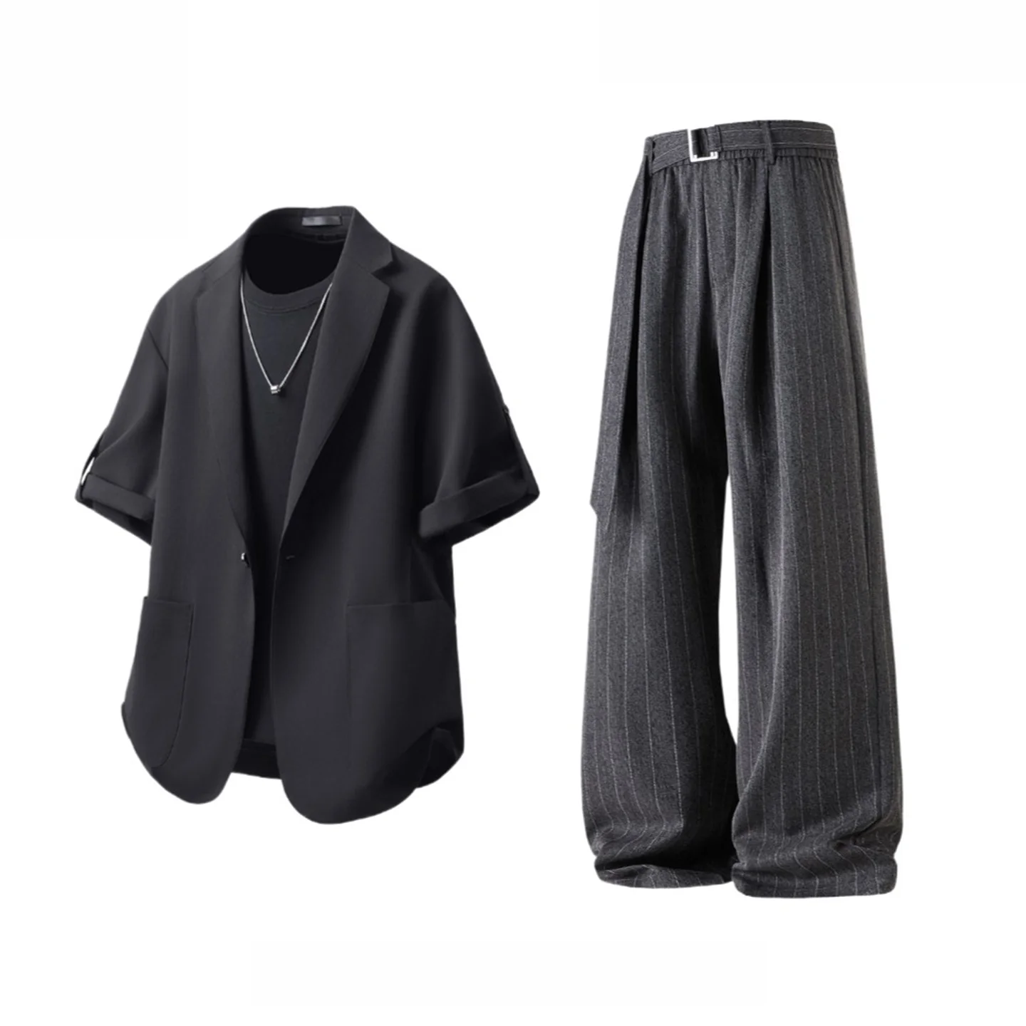 Black suit + dark gray trousers