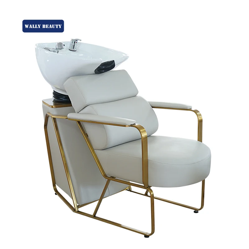 

Salon Equipment Hair Backwash Unit Ceramic Sink Gold Shampoo Chair