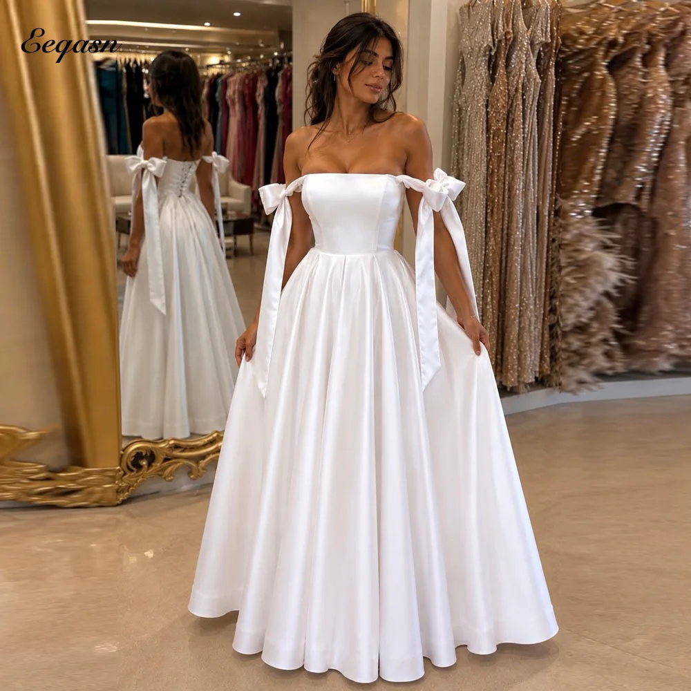 Eeqasn White Evening Dress Woman Elegant Satin A Line Wedding Dresses Corset Detachable Off-the-shoulder Bow Sleeves Customized