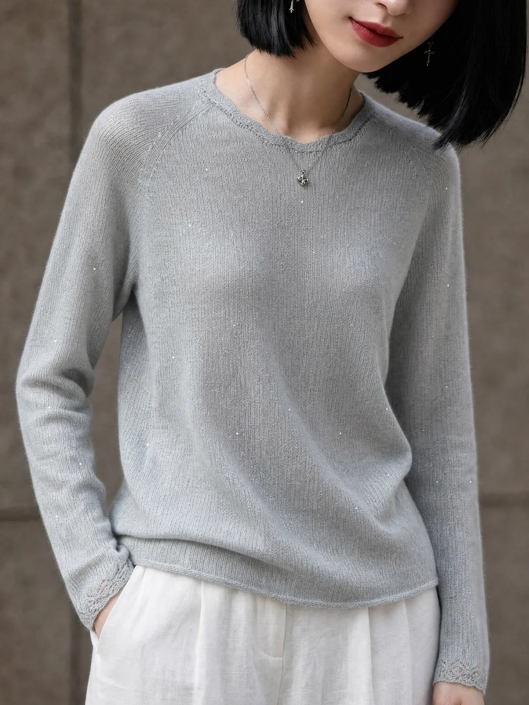 Early Autumn Thin  Linen Simple round Neck Knitted Sweater Women Long Sleeve Loose Lazy Sweater Comfortable Top