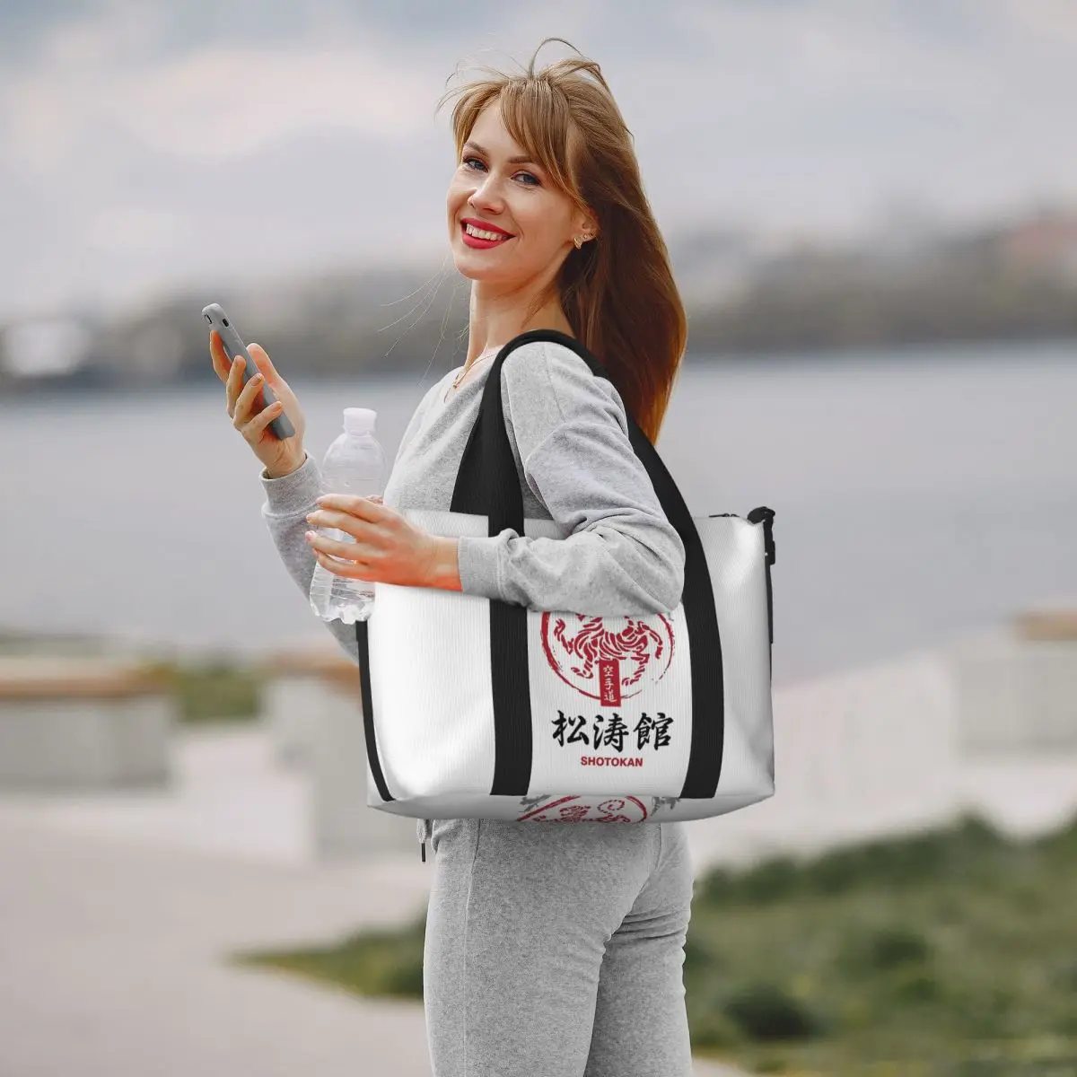 Shotokan Karate Simbolo e Kanji Borsa da viaggio da spiaggia con testo bianco Borse tote di grande capacità per palestra Borsa a tracolla per lo shopping da donna