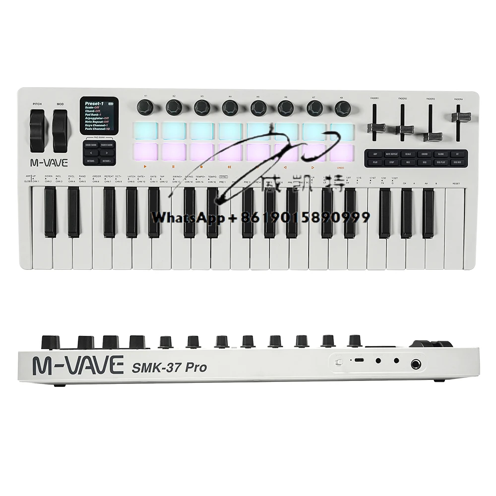 لوحة مفاتيح SMK-37 PRO Mini MIDI 37 مفتاحًا حساسة للسرعة تدعم لاسلكيًا مع وحدة تحكم في وسادات الطبل RGB